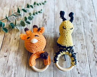 Crochet Giraffe Rattle, Crochet Bee Rattle, Crochet Baby Rattle, Crochet Baby Rattle Gift, Baby Teether Gift, Baby Gift, Nursery Décor