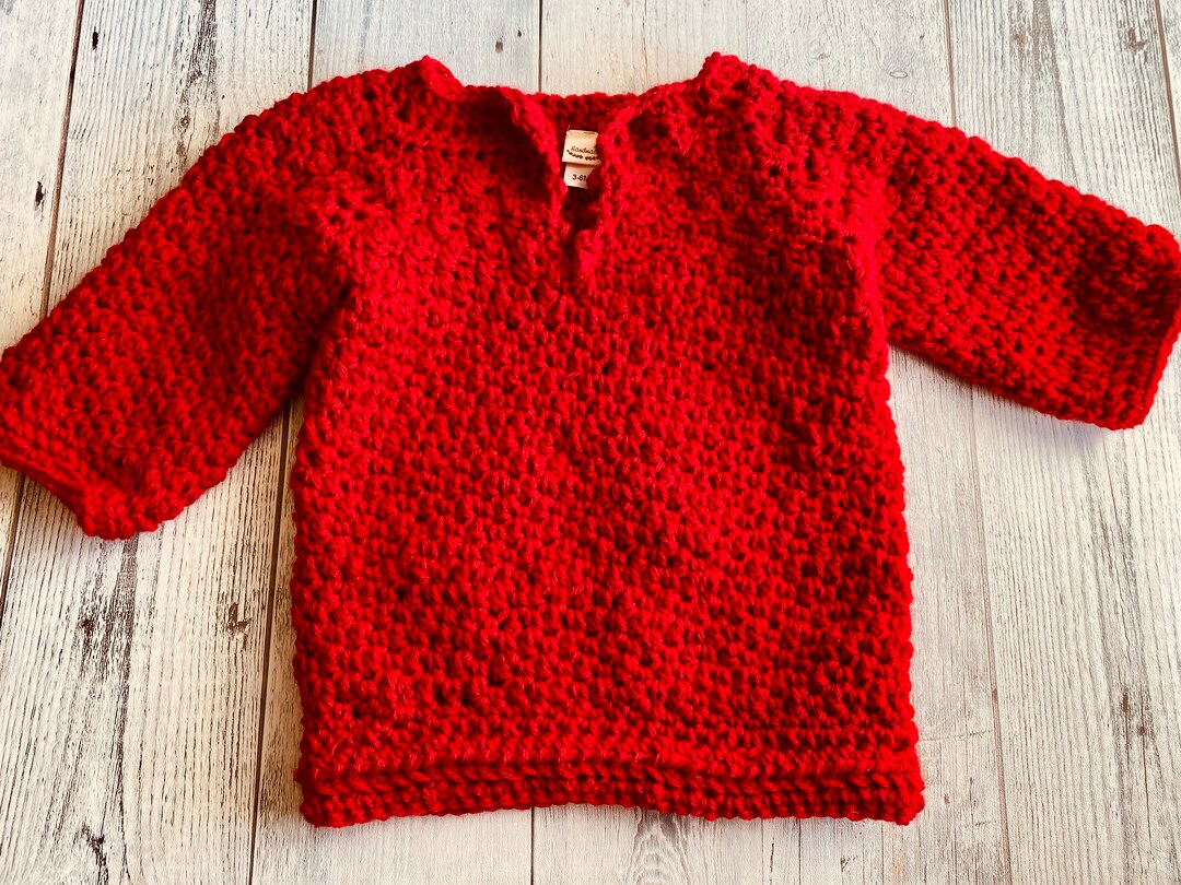 36 Red Sweater, Baby Red Oversized Sweater, Crochet Baby Red Sweater, Baby Pullover Sweater
