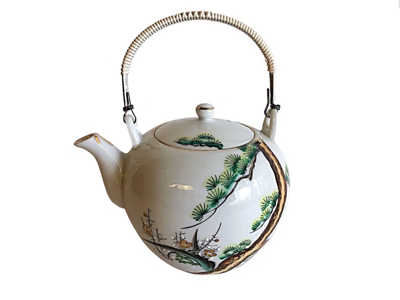 Gift Wicker Teapot Japan Teapot Hand painted Teapot Cherry Blossom Japan Lucky Teapot Vintage Teapot Porcelain Teapot Cherry Teapot
