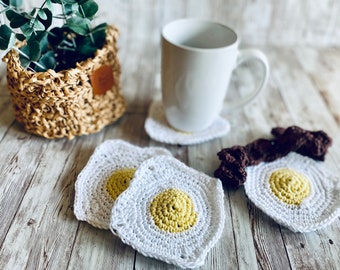 Sunny Side up Egg Coasters, Crochet Food, Food Coasters, Coffee Coasters, Egg Coasters, Handmade Coasters, Holiday Gift, Coffee Gift