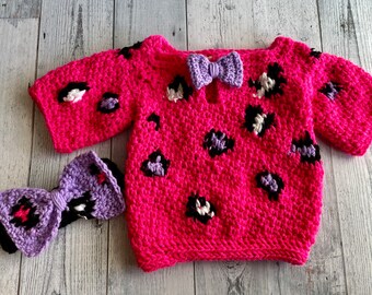 3-6 Month Leopard Sweater With Headband, Baby Leopard Sweater, Hot Pink Leopard, Crochet Baby Oversized Bow, Baby Oversized Headband