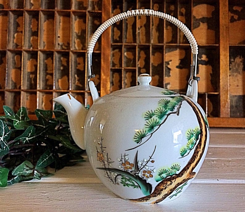 Gift Wicker Teapot Japan Teapot Hand painted Teapot Cherry Blossom Japan Lucky Teapot Vintage Teapot Porcelain Teapot Cherry Teapot