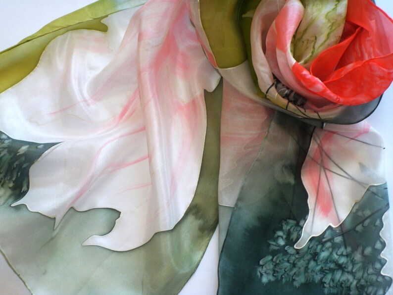 Hand Painted Green Orange Silk Scarf with Large White Flowers Etsy