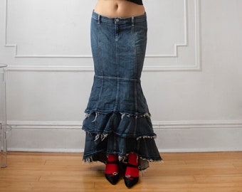 2000s denim mermaid skirt / tiered maxi skirt