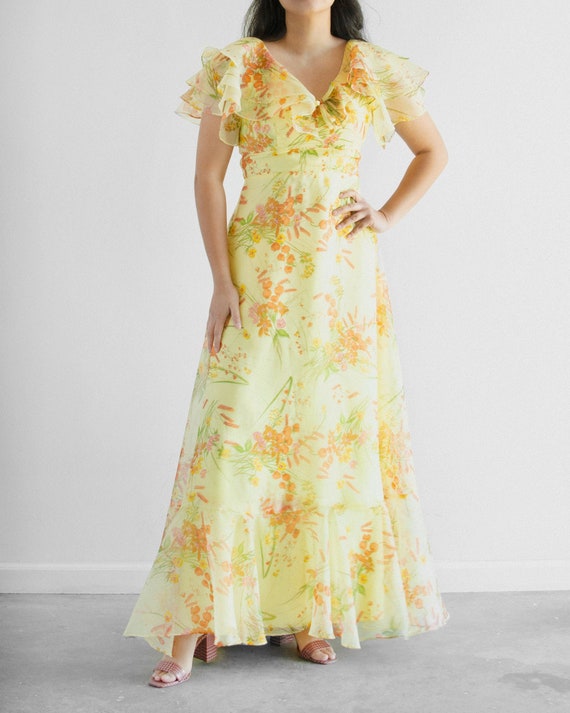 60s Floral Ruffle Dress / 28" waist