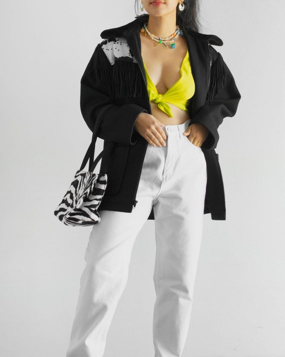 90s Fuzzy Cow Print Jacket with Fringe / Tag Size