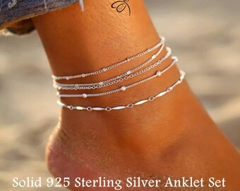 Anklet Set, Sterling Silver, Silver Anklet, Platinum, Ankle Bracelet, Boho Chic, Layering Foot Jewelry