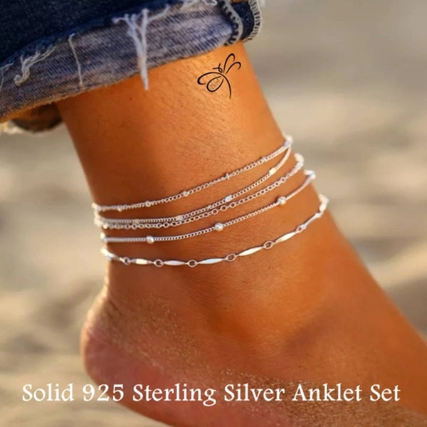 Anklet Set, Sterling Silver, Silver Anklet, Platinum, Ankle Bracelet, Boho Chic, Layering Foot Jewelry