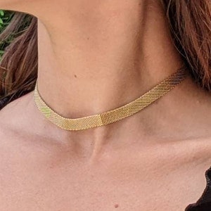 Stainless Steel Choker, Gold Necklace, Flat Wide Necklace, No Fade, Statement, Woven Chain