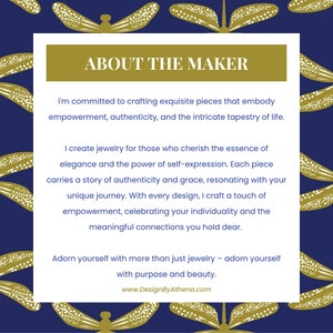 May include: A navy blue background with a gold dragonfly pattern. A white rectangle contains text that reads "ABOUT THE MAKER" and describes the maker's jewelry, including the website www.DesignByAthena.com.