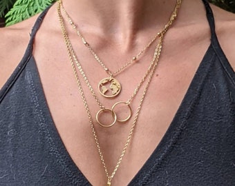 Triple Layer Stainless Steel Necklace: Earth, Moon, Celestial Choker