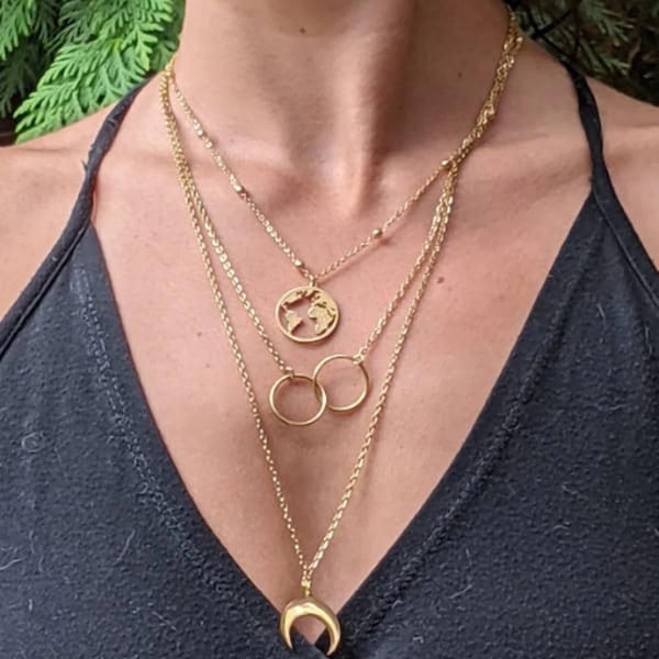 Collier superposé en acier inoxydable, tour de cou, triple épaisseur, collier lune, terre, croissant de lune, céleste