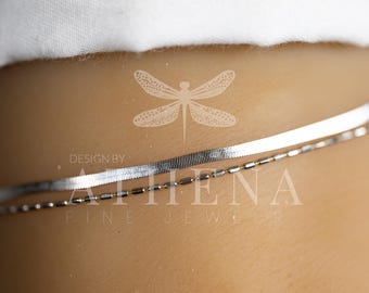Sterling Silver Herringbone Anklet: Platinum Plated Adjustable Chain