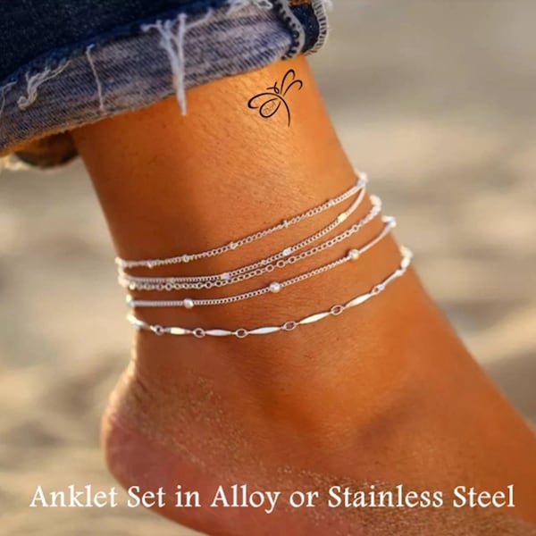 5 Anklet Set, Silver Anklets, Stainless Steel, Silver Plated, Ankle Bracelets, Boho Chic, Foot Jewelry