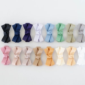 Op de afbeelding: Een bovenaanzicht toont een verzameling kleurrijke strikken op een witte ondergrond. De strikken zijn in verschillende tinten, waaronder zwart, marineblauw, paars, wit, lichtblauw, groen, beige, grijs, roze, beige, bruin, oranje en cr&egrave;me.