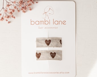 Tan Heart Hair Clips: Jacquard Ribbon Snap Clips, Set of 2