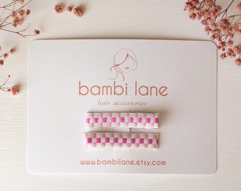 Pink Checkered Ribbon Hair Clips: Toddler Girl Barrette Set