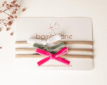 Set of 3 French Velvet Bow Headband, Baby Headband, Baby Bow Headband, Bow Headband, Nylon Headbands