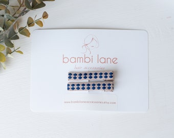 Navy beige hair bar clips, set of 2 ribbon clips, toddler hair clips, baby hair clips, girl hair clips