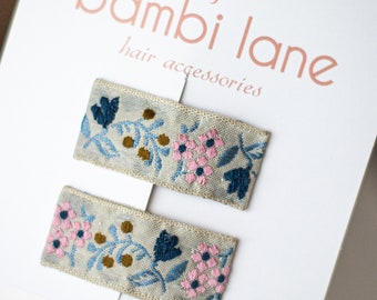 Floral jacquard hair snap clips, set of 2 ribbon snap clips, toddler hair clips, baby hair bows, baby hair clips