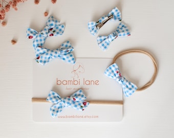 Blue strawberry gingham baby Bow Headband, girls hair bows clips
