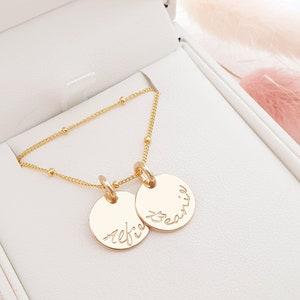 Personalized gold 2 disc necklace • Friend charm necklaces • Handstamped custom pendant with names