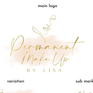 May include: A logo design for a permanent makeup artist. The logo features a gold line drawing of a face with the text "Permanent Make Up" and "By Lisa" in gold script.