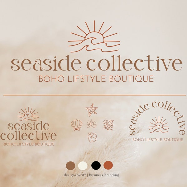 Business Logo Design, Sun Logo, Premade Logo Design, Coastal Logo, Sea Logo, Photography Logo and Watermark, Bohemian Logo, Branding Package