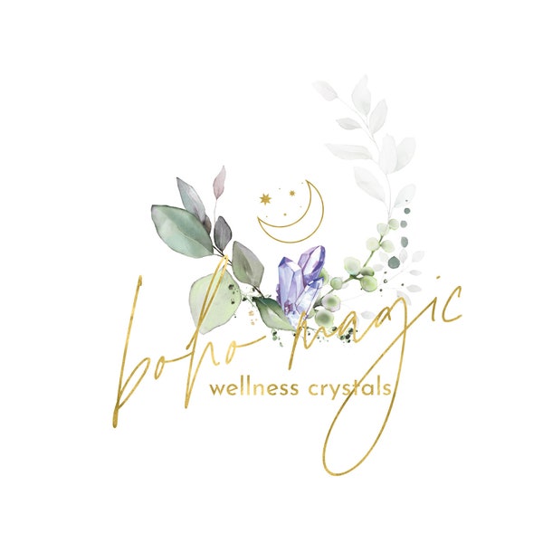 Moon Logo Design, Premade Logo Design, Jewellery logo, Gems Crystal Logo, Eucalyptus Logo Boutique Business Logo, Floral Boho Watermark Logo