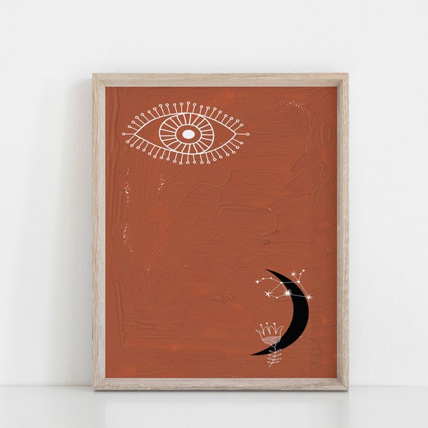 Digital Print, Boho Wall Art, Evil Eye Art Print, Moon Celestial Art Print, Printable modern art, mid-century Downloadable art print