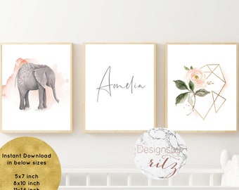 Boho Girl Nursery Printable Art Set, Custom Name Print, Elephant Print, Floral Nursery Print, Animal Prints, Kids Room Wall Art DIGITAL