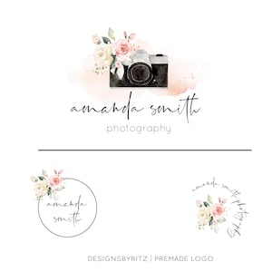 Logotipo de câmera em aquarela, logotipo de fotografia e marca d'água, design de logotipo pré-fabricado, kit de branding, logotipo floral, logotipo de boutique Boho, logotipo feminino