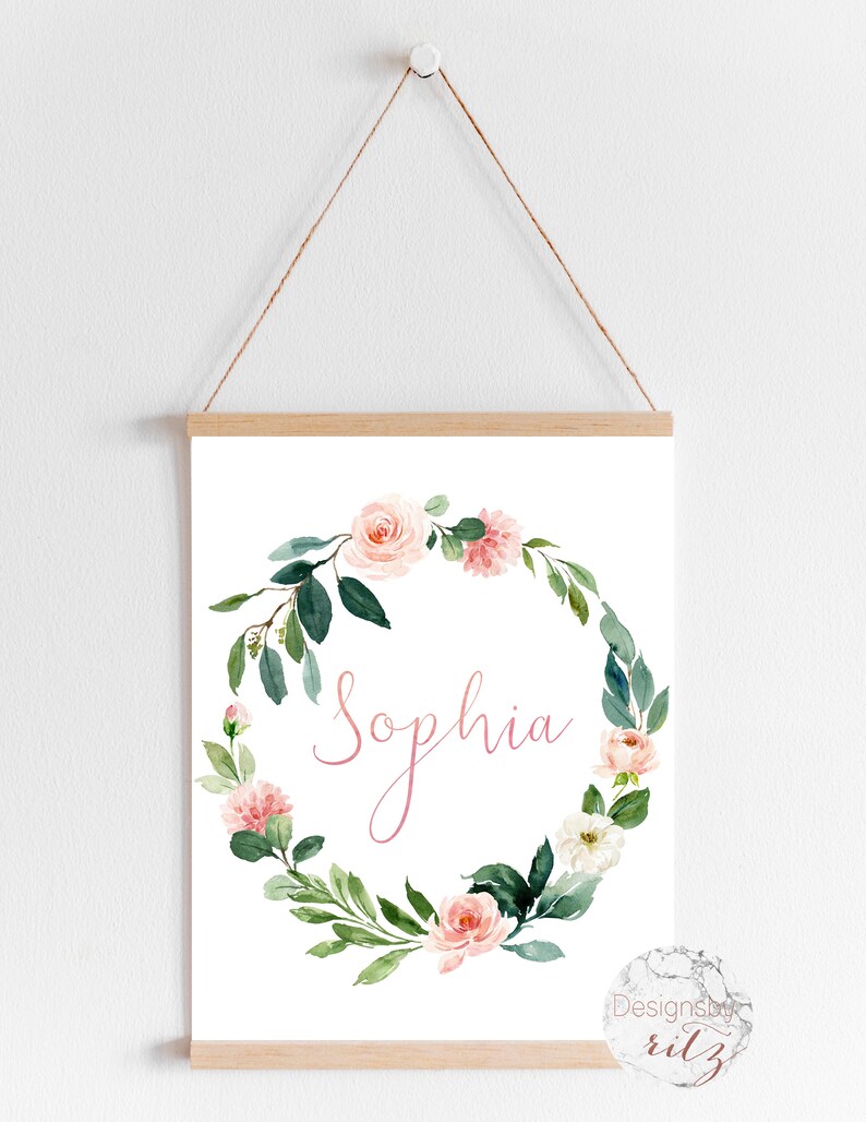 Blush Mint Baby Girl Name Boho Printable Wall Art Floral Etsy