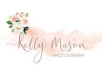 Floral Watercolor Logo Design: Rose Gold Branding, Boutique Watermark