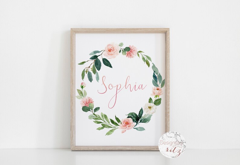 Blush Mint Baby Girl Name Boho Printable Wall Art Floral Etsy