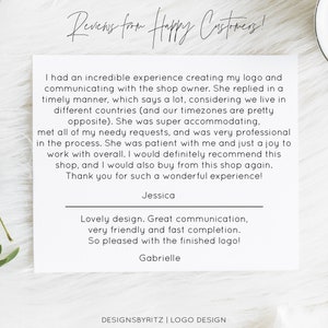 Puede incluir: Una tarjeta blanca con el texto "Reviews from Happy Customers!". Presenta testimonios de clientes que elogian los servicios de dise&ntilde;o de logotipos, destacando la comunicaci&oacute;n y la satisfacci&oacute;n. El nombre de la tienda, "DESIGNSBYRITZ | LOGO DESIGN", est&aacute; en la parte inferior.