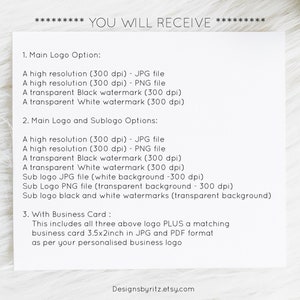 May include: A white sheet of paper with black text describing the different logo options and business card designs included in a logo design package. The text includes the following: "Main Logo Option", "Main Logo and Sublogo Options", and "With Business Card".