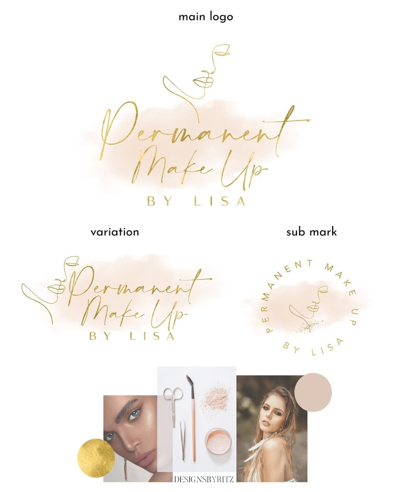 May include: A logo design for a permanent makeup artist. The logo features a gold line drawing of a face with the text "Permanent Make Up" and "By Lisa" in gold script.