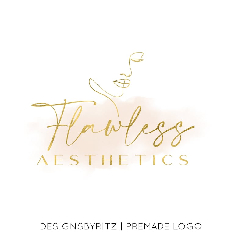 May include: Gold logo design with a minimalist line drawing of a face and the text "Flawless Aesthetics".