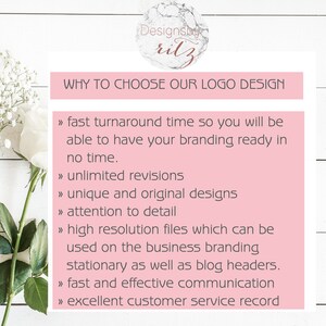 Puede incluir: Imagen de dise&ntilde;o gr&aacute;fico con el texto "WHY TO CHOOSE OUR LOGO DESIGN". El texto enumera beneficios como tiempo de respuesta r&aacute;pido, revisiones ilimitadas y dise&ntilde;os &uacute;nicos. Un arreglo floral est&aacute; en el fondo.