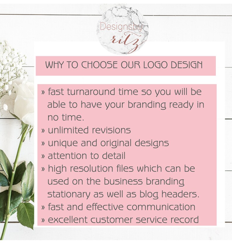 Puede incluir: Imagen de dise&ntilde;o gr&aacute;fico con el texto "WHY TO CHOOSE OUR LOGO DESIGN". El texto enumera beneficios como tiempo de respuesta r&aacute;pido, revisiones ilimitadas y dise&ntilde;os &uacute;nicos. Un arreglo floral est&aacute; en el fondo.