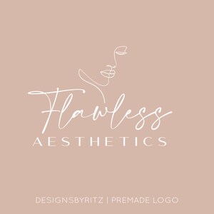 May include: A white line drawing of a woman's face with the text "Flawless Aesthetics" below it. The background is a light pink color.