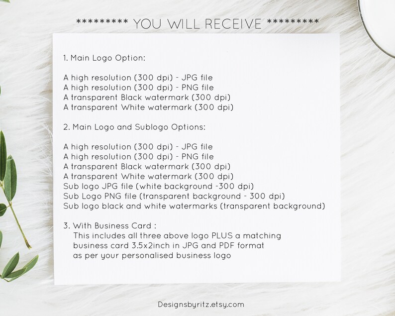 Puede incluir: Una tarjeta blanca con el texto "YOU WILL RECEIVE" en la parte superior. La tarjeta enumera las opciones de logotipo, incluidos los archivos JPG y PNG, y una opci&oacute;n de tarjeta de presentaci&oacute;n. El texto es negro, con el nombre de la tienda Etsy "Designsbyritz.etsy.com" en la parte inferior.