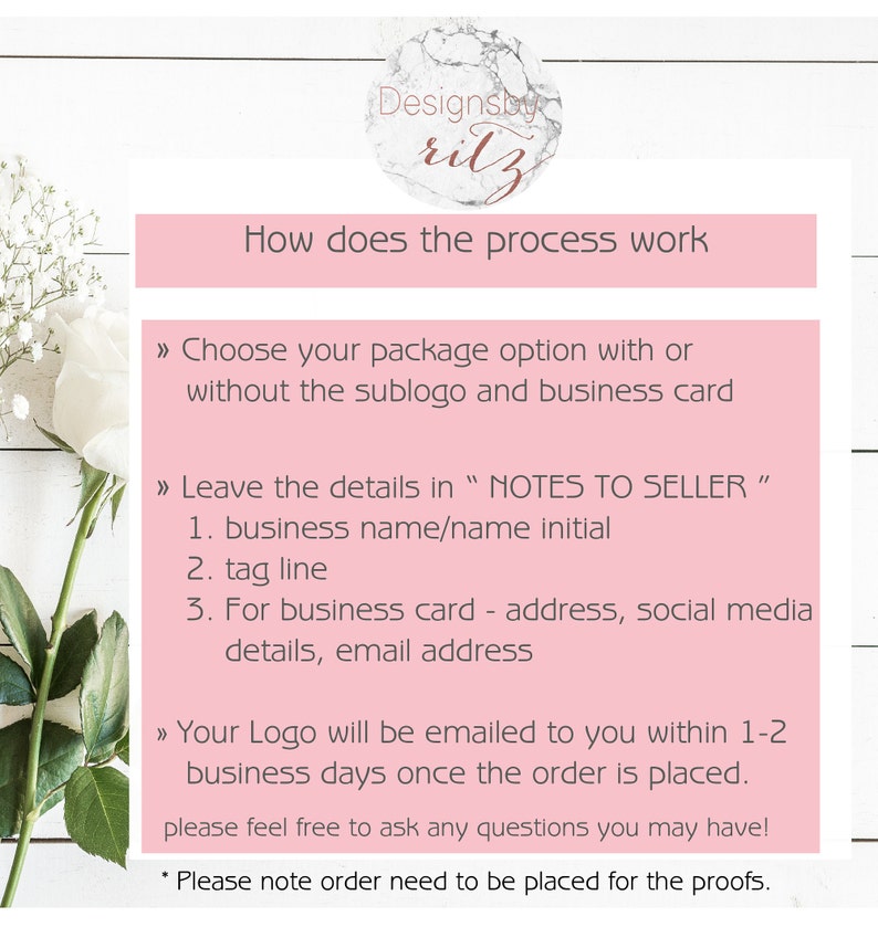 Puede incluir: Un gr&aacute;fico rosa y blanco que explica el proceso de dise&ntilde;o del logotipo. El texto incluye pasos como elegir un paquete, proporcionar detalles y recibir el logotipo en 1-2 d&iacute;as h&aacute;biles. La imagen tambi&eacute;n presenta un elemento floral.
