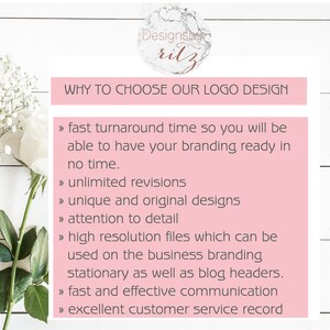 May include: Pink and white graphic with the text "Designsby rilz" and the text "WHY TO CHOOSE OUR LOGO DESIGN" with a list of reasons why to choose their logo design services. The reasons include fast turnaround time, unlimited revisions, unique and original designs, attention to detail, high resolution files, fast and effective communication, and excellent customer service record.