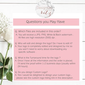 May include: A pink and white graphic with the text "Questions you May Have" and a list of frequently asked questions about logo design services. The questions and answers are in a question and answer format.