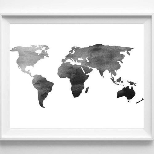 watercolor world map print printable black white wall art etsy new zealand