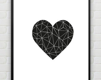 Printable Art Heart Print, love Print, Polygon Wall Art, Geometric Wall Art Black White Minimalist Scandinavian Print Instant Download