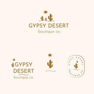 May include: A logo design for a business called "Gypsy Desert Boutique Co." The logo features a stylized cactus and sun in a gold color.