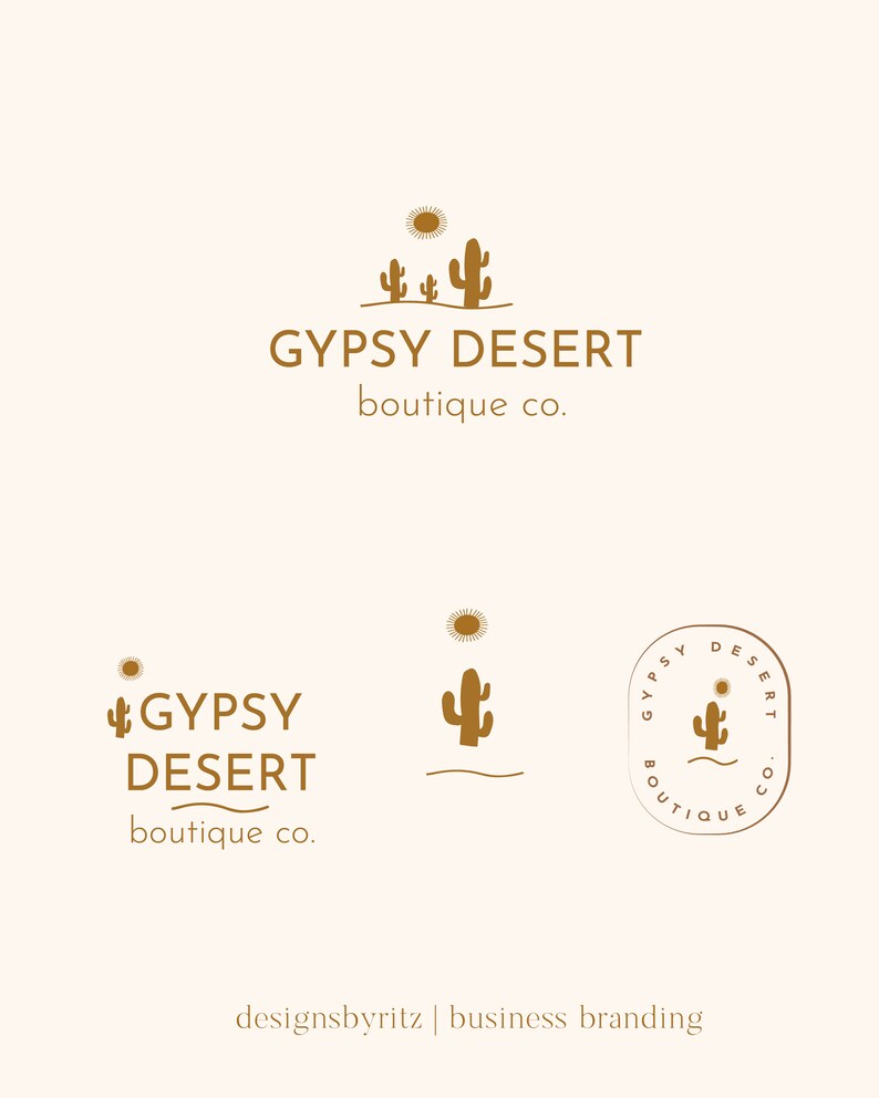 May include: A logo design for a business called "Gypsy Desert Boutique Co." The logo features a stylized cactus and sun in a gold color.